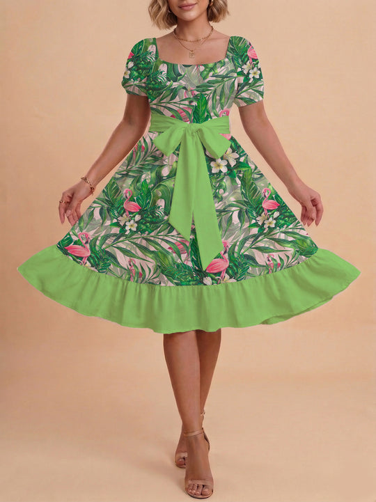 Damen A-Linien-Kleid mit floralen Motiven und taillierbarem Gürtel EB