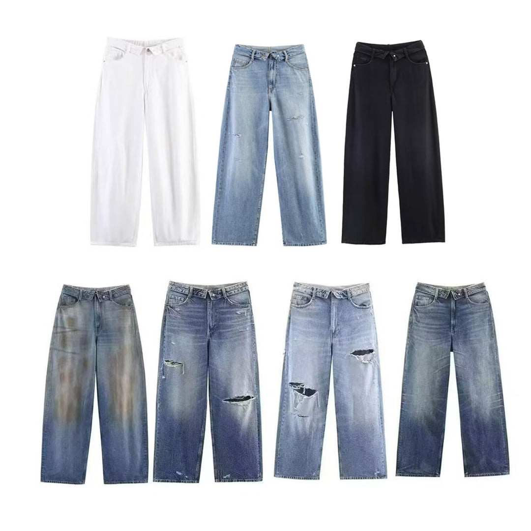 Damen nan weite hochgeschnittene Vintage-Jeans mit Destroyed-Effekten EB