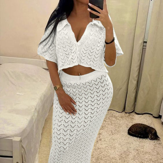 Damen Strick-Kleid mit hohen Seitenschlitzen und modischem Lochmuster EB