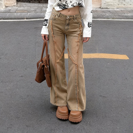 Damen nan hochgeschnittene Wide‑Leg Jeans mit offenen Saumnähten, diagonalem Fransenbesatz und Relaxed Fit EB