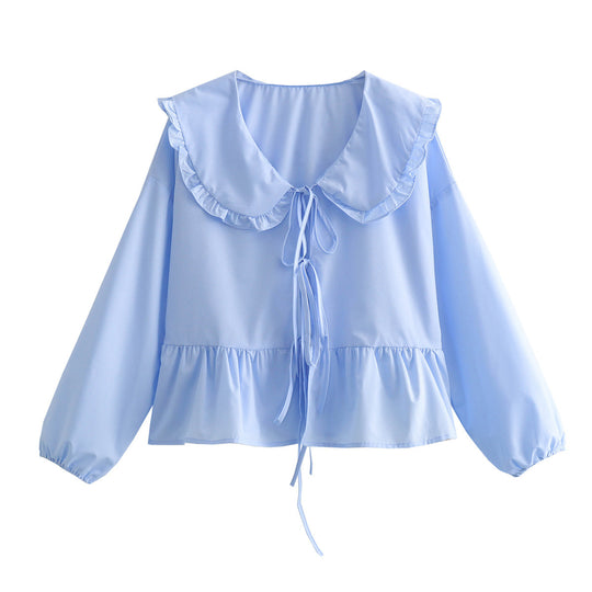 Damen trendiges Blusenshirt mit Rüschenkragen und Kordelzug EB