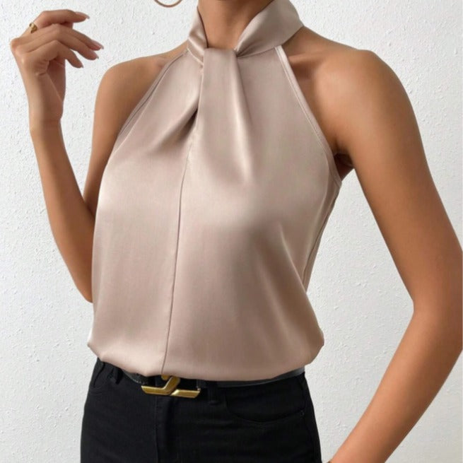 EB | Damen Knoten Hals Stil Top Seide