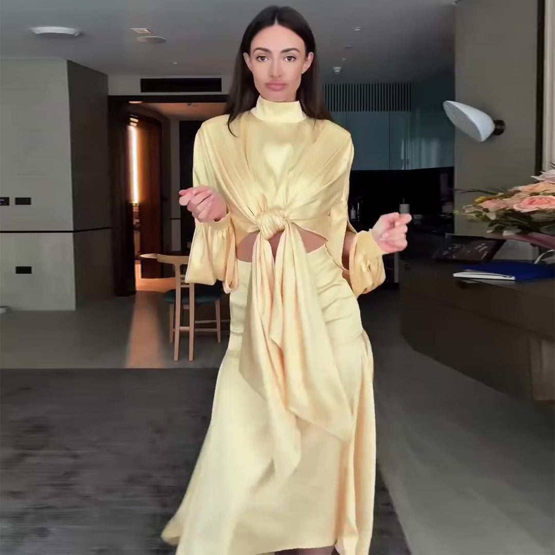 Damen elegantes Wickelkleid mit modischen Cut-Out-Details und voluminösen Ärmeln EB