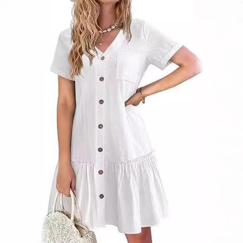 Damen lässiges Hemdblusenkleid mit Knopfdetail und ausgestelltem Rock EB
