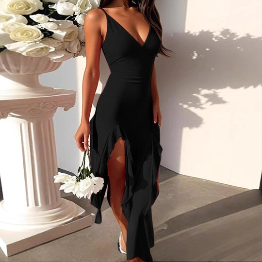 Damen Elegantes Maxikleid mit asymmetrischem Saum und tiefem V-Ausschnitt EB