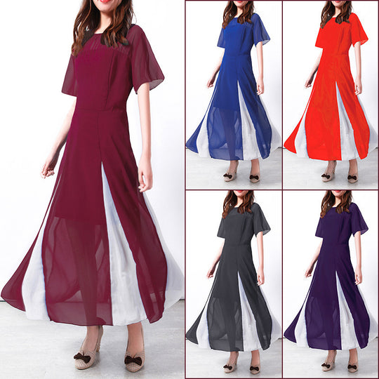 Damen Maxi-Langarmkleid mit transparenten Ärmeln und seitlichem Schlitz EB