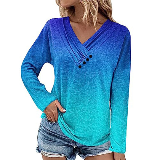 Damen Gerippter V-Ausschnitt Pullover mit Farbverlauf, Zierknöpfen und legerer Passform EB