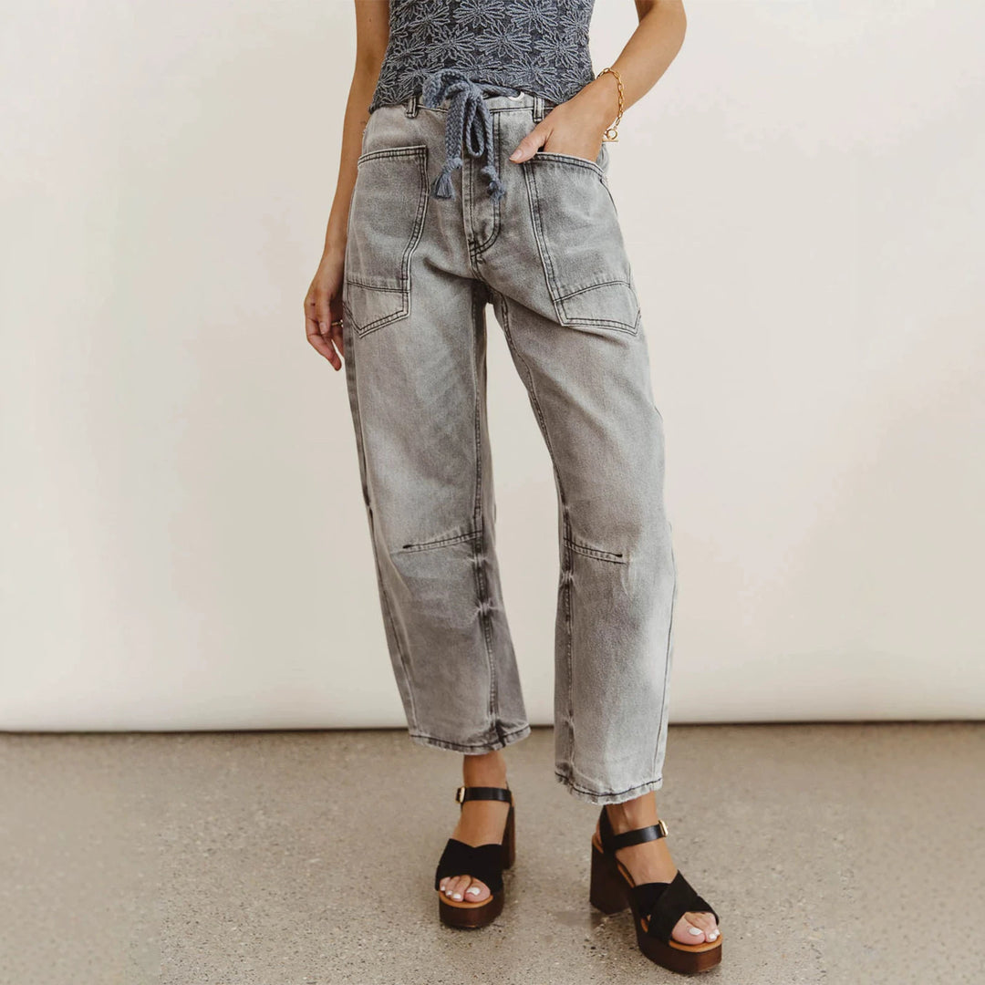 Damen nan lässige Cargo-Denim Culotte mit Kordelbund und großen aufgesetzten Taschen EB