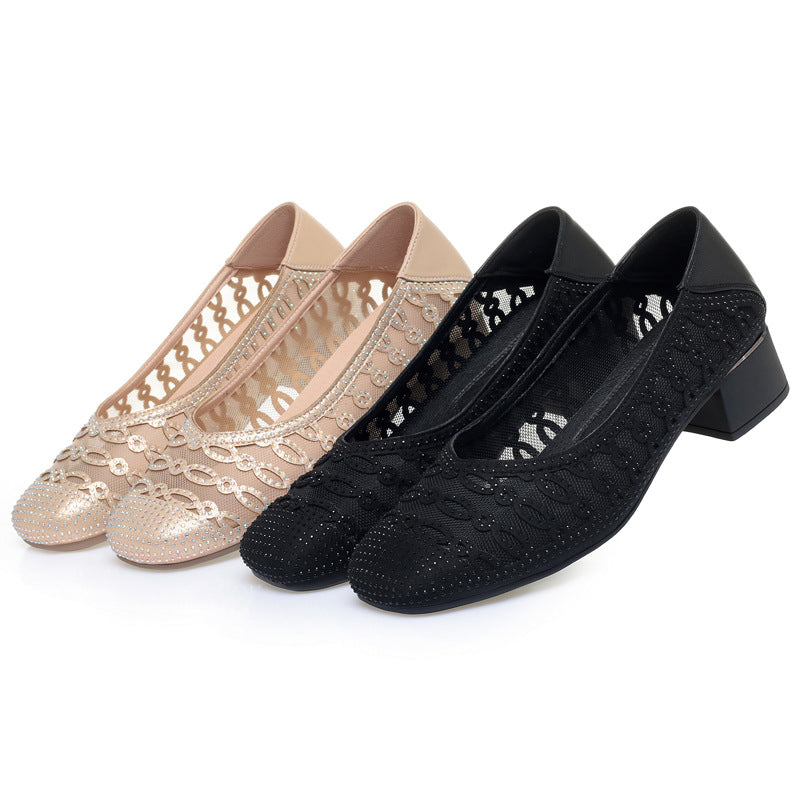 Damen Dekorative Ballerinas mit Strassverzierung und bequemen Blockabsatz EB