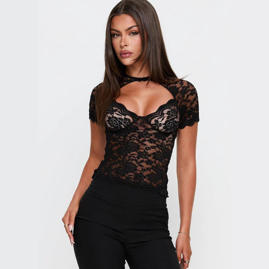 Damen Spitzenoberteil mit eleganter Ausschnittgestaltung und kurzärmeliger Silhouette EB