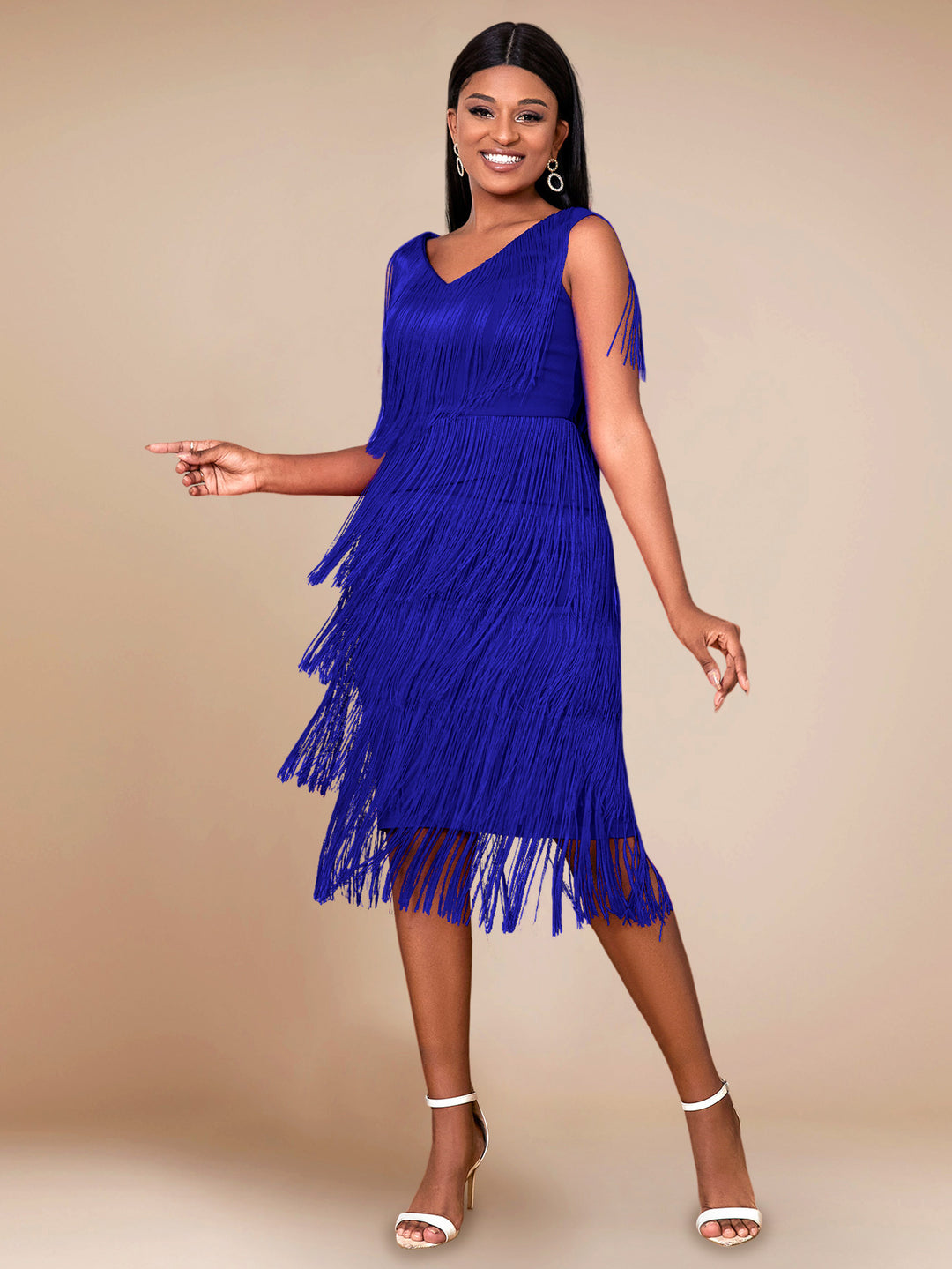 Damen Fransen Kleid mit elegantem V-Ausschnitt und schwingendem Saum EB