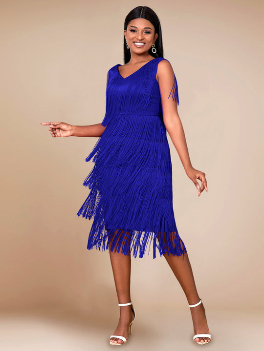 Damen Fransen Kleid mit elegantem V-Ausschnitt und schwingendem Saum EB