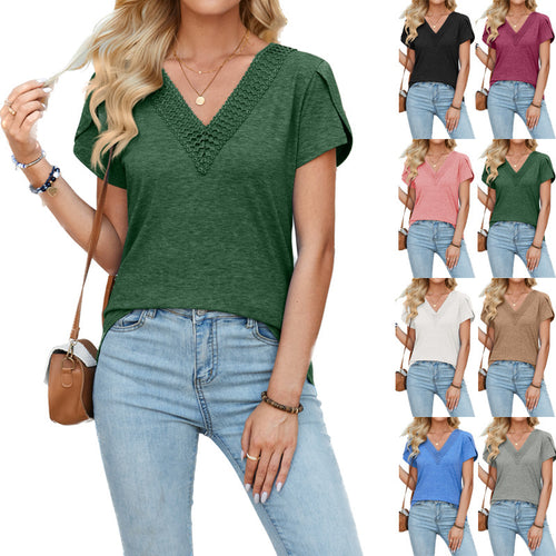 Damen V-Ausschnitt T-Shirt mit Spitzenakzenten EB