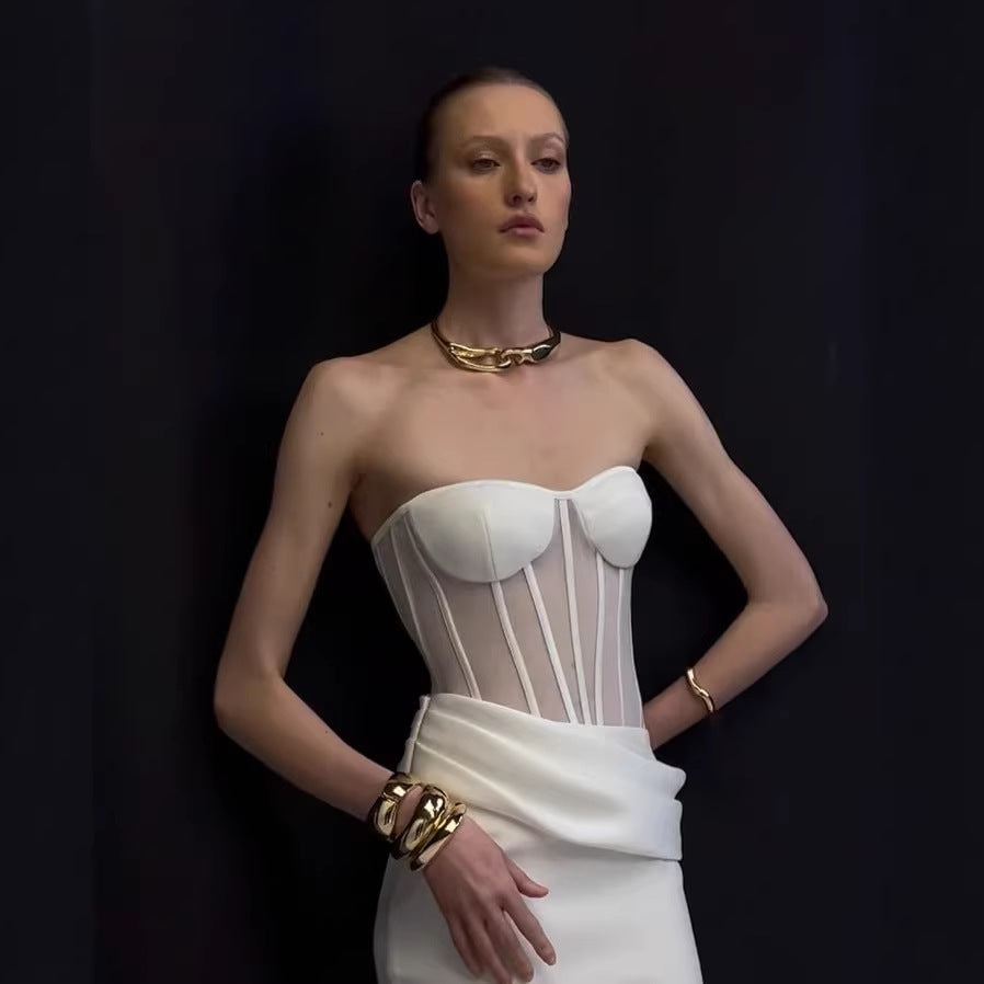 Damen Corsage-Langarmkleid mit elegantem Schnitt und fließendem Rock EB