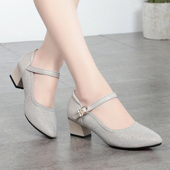 Damen Elegante Mary Jane Pumps mit funkelndem Strassbesatz und komfortablem Blockabsatz EB