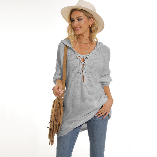 Damen lässiger Strickpullover mit einzigartigem Schnürdesign und lockerer Passform EB