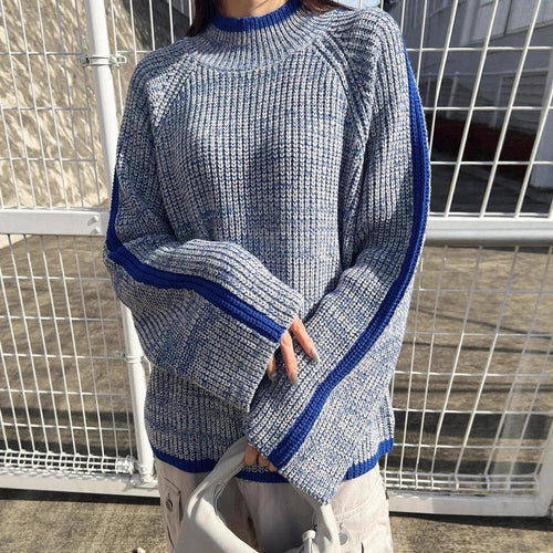 Damen lässiger Pullover mit gestricktem Strukturmuster und farblich abgesetzten Ärmelbündchen EB