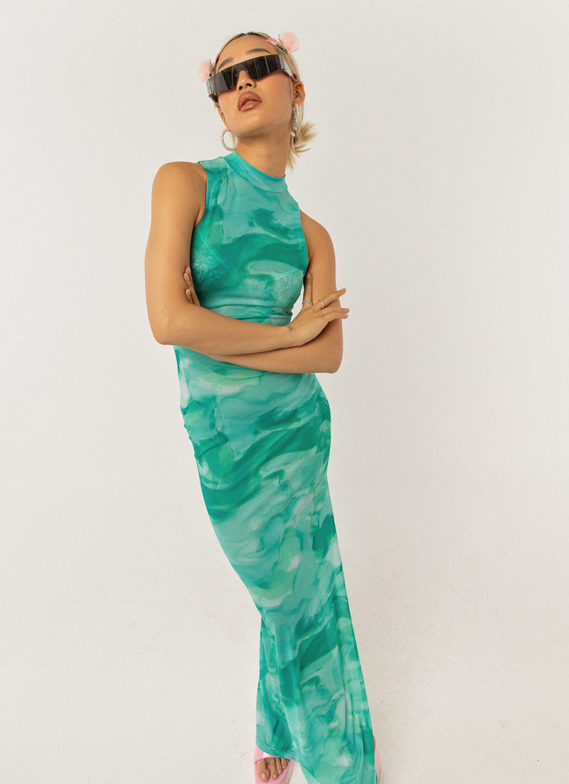 Damen elegantes Maxikleid mit hohem Kragen und fließendem Schnitt EB
