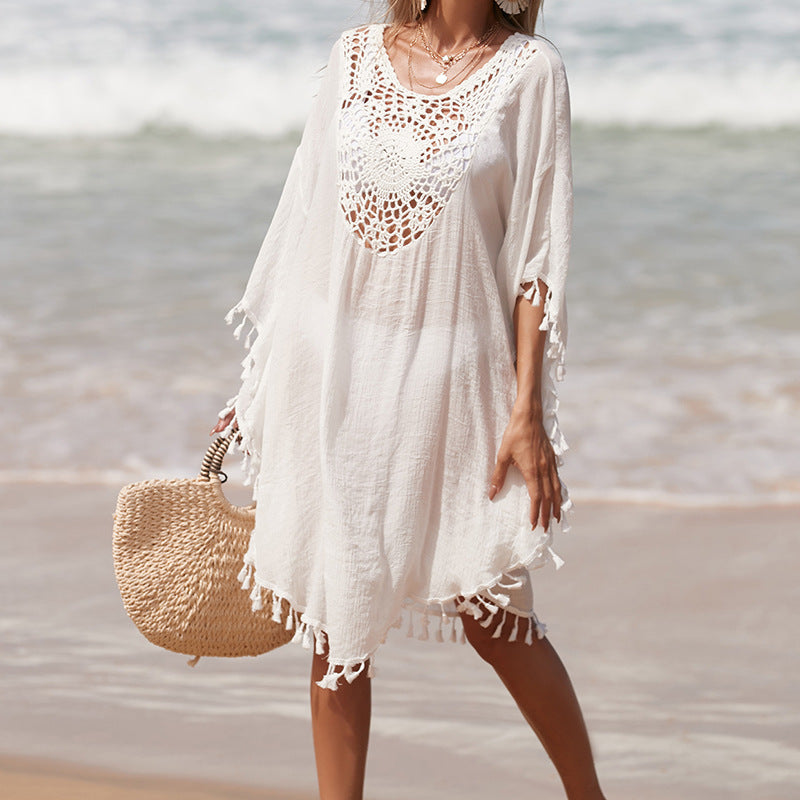 Damen Häkel-Strandüberwurf mit fransigem Saum und elegantem Lochmuster EB