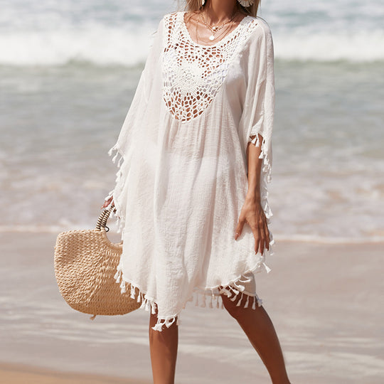 Damen Häkel-Strandüberwurf mit fransigem Saum und elegantem Lochmuster EB