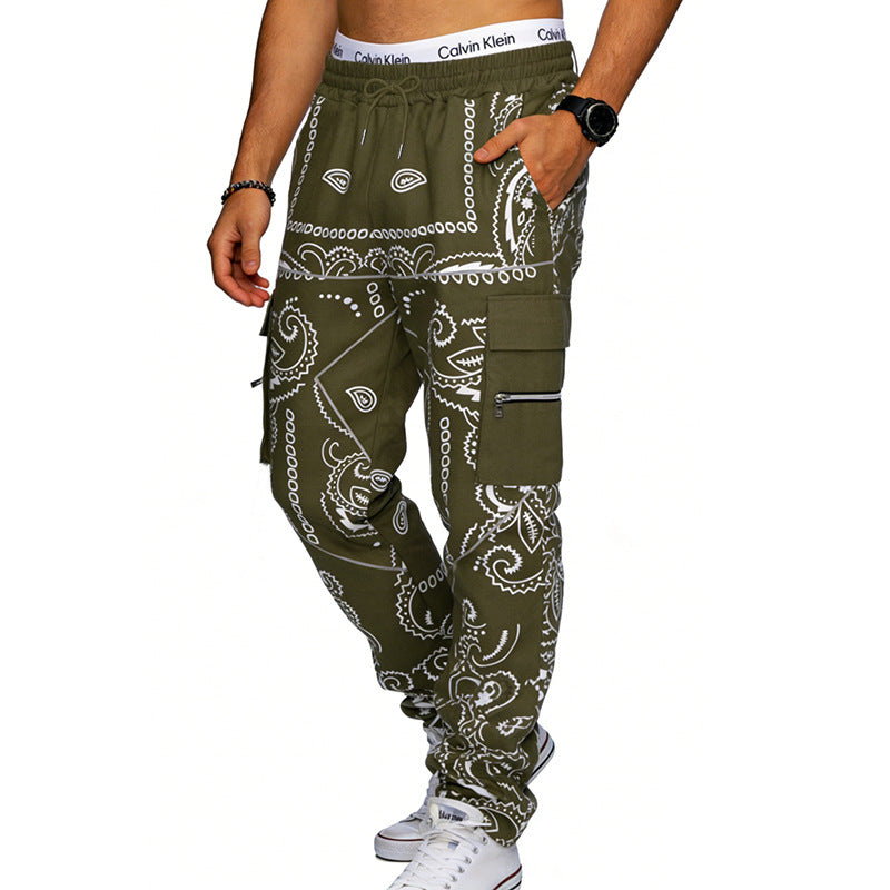 Herren nan Cargo-Jogginghose mit Paisley-Muster, elastischem Bund, multiple Reißverschluss- und Klappentaschen EB