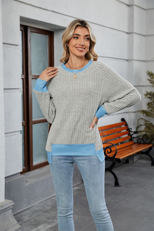 Damen lässiger Pullover mit kontrastierenden Ärmelabschlüssen und einzigartiger Textur EB