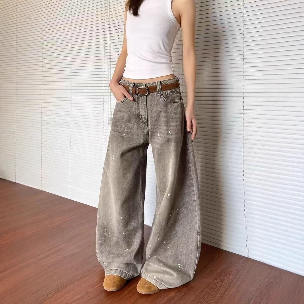 Damen weite Jeanshose im Vintage-Stil mit lässigem Schnitt und kreativen Farbdetails EB