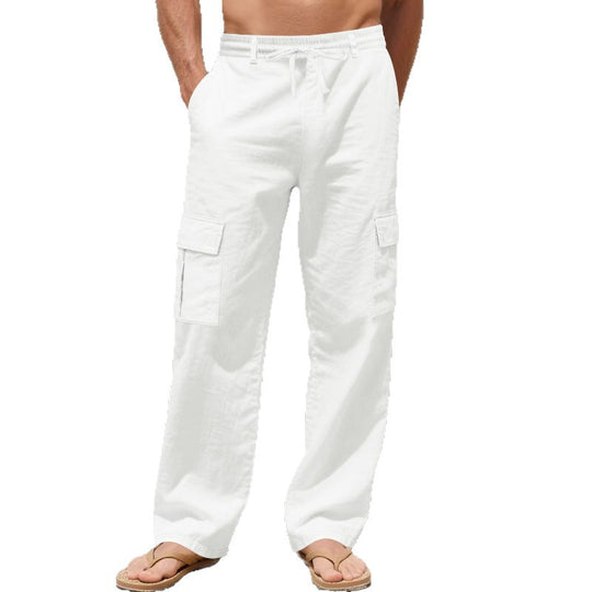 Herren nan lockere Cargo-Strandhose aus Leinenmix mit elastischem Bund und verstellbarem Kordelzug EB