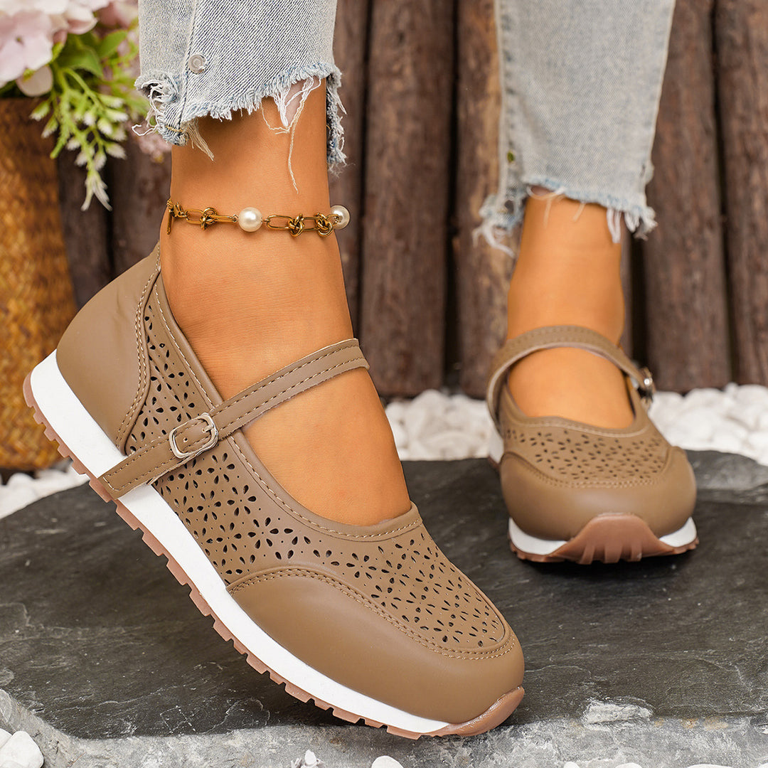Damen Atmungsaktive Ballerinas mit elegantem Lochmuster und verstellbarem Riemen EB