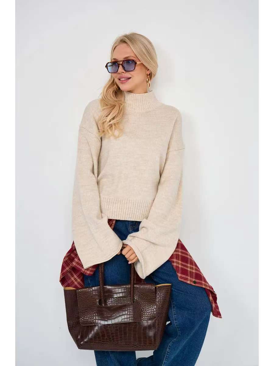 Damen Eleganter Oversized Pullover mit weitem Schnitt und Stehkragen EB