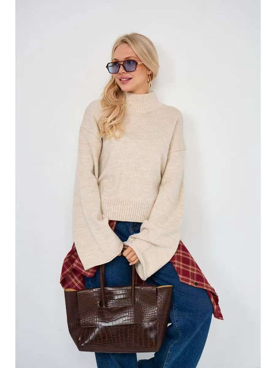 Damen Eleganter Oversized Pullover mit weitem Schnitt und Stehkragen EB