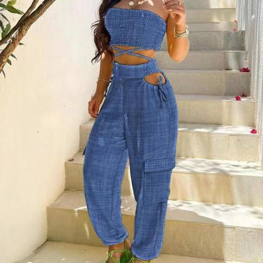 Damen Zweiteiliges Outfit mit Cropped Top und Cargo-Hose EB