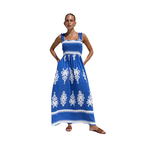 Damen Maxikleid mit elastischem Oberteil und detailliertem Muster EB
