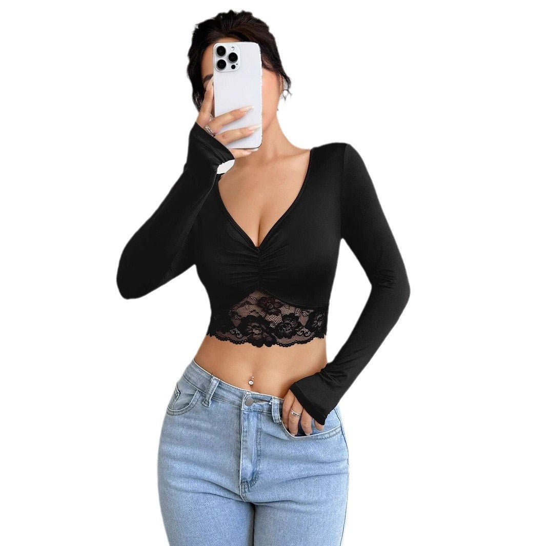 Damen Cropped Langarmshirt mit raffiniertem Spitzenbesatz EB
