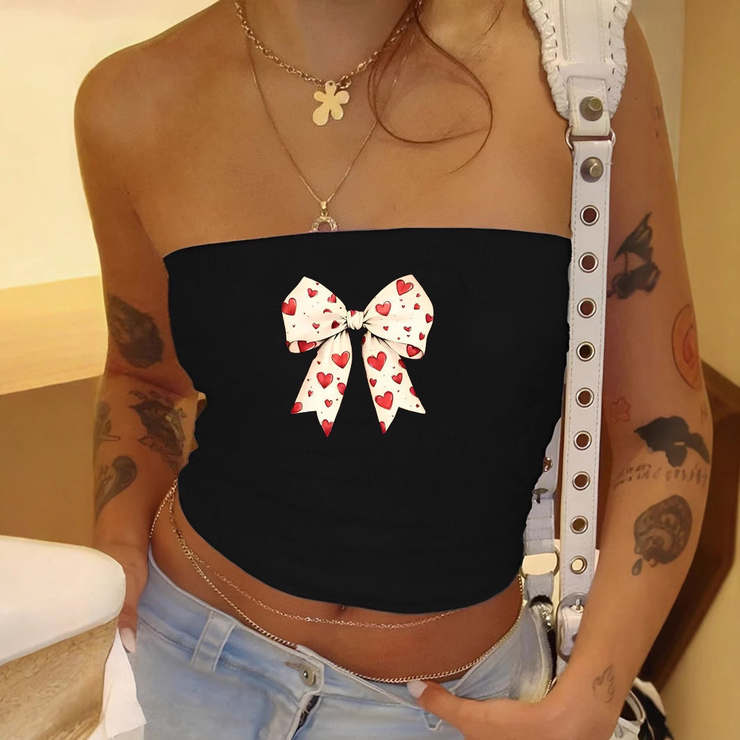 Damen Bandeau-Top mit romantischem Herzmotiv und Schleifendruck EB