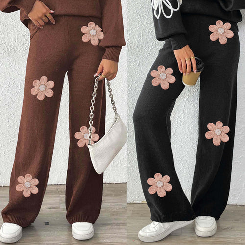 Damen lockere Strickhose mit floralen Applikationen EB