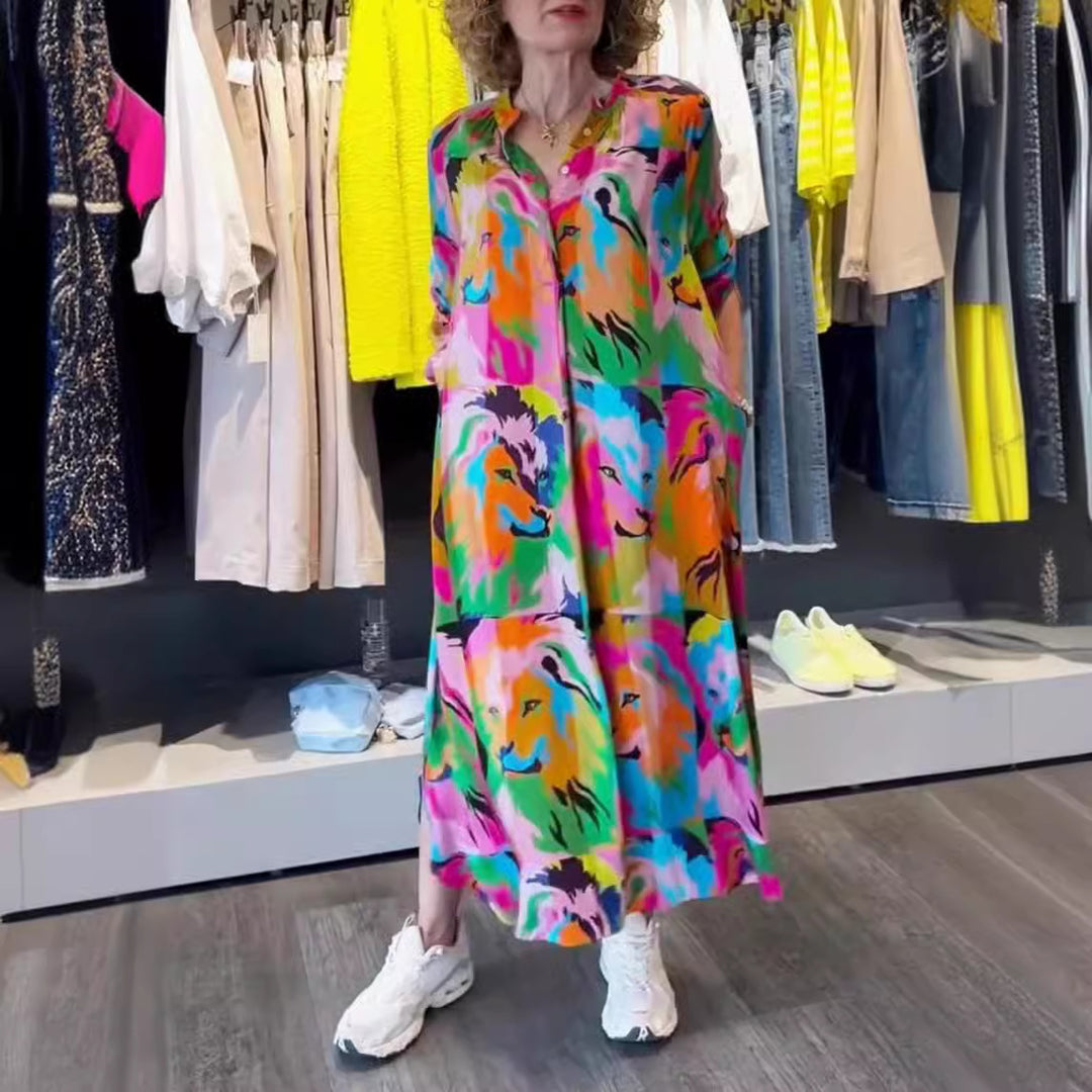 Damen Freizeit Maxikleid mit buntem Löwen-Design und praktischen Taschen Heidi-Mode