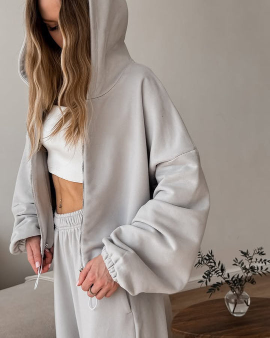 Damen oversized Kapuzenjacke mit Reißverschluss und weiten Jogginghose Lounge-Set EB