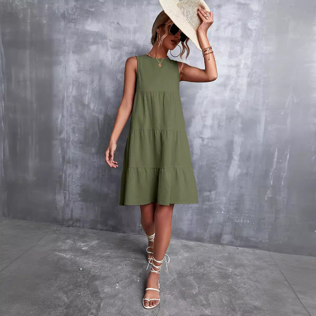 Damen Sommerliches A-Linien Kleid mit voluminösem Rock und ärmellosem Design EB