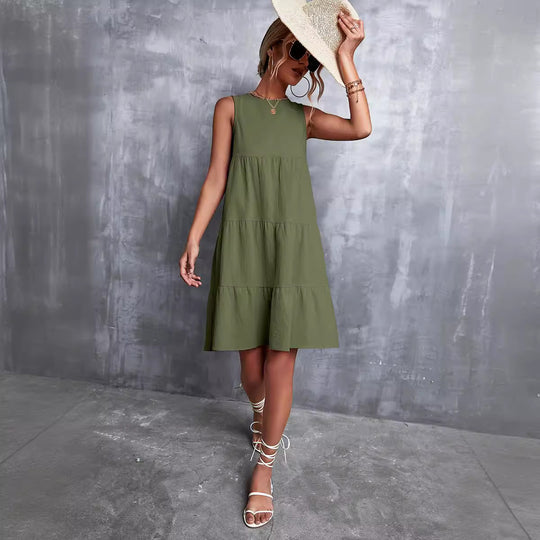 Damen Sommerliches A-Linien Kleid mit voluminösem Rock und ärmellosem Design EB