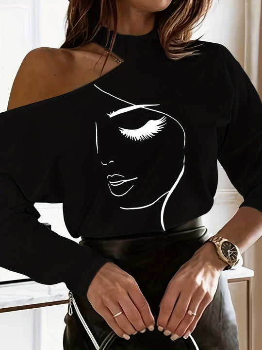 Damen Designer Off-Shoulder Shirt mit stylischem Gesichtsdruck EB