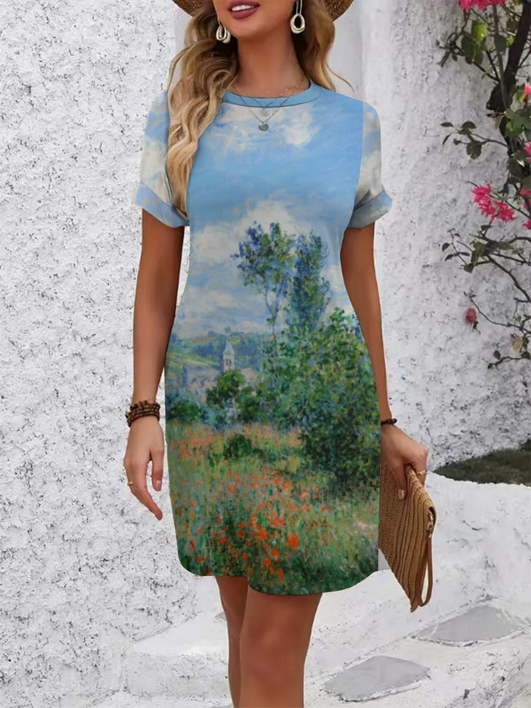 Damen lässiges Kurzarmkleid mit kreativem geometrischen Muster EB