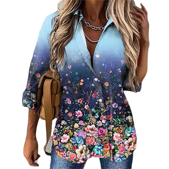 Damen Hemdbluse mit floralem Design und elegantem Farbverlauf EB