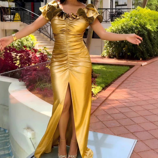 Damen Elegantes Maxikleid mit asymmetrischem Rüschendesign und schickem Schlitz EB
