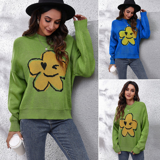Damen Grob gestrickter Pullover mit floralem Motiv und lässigem Schnitt EB