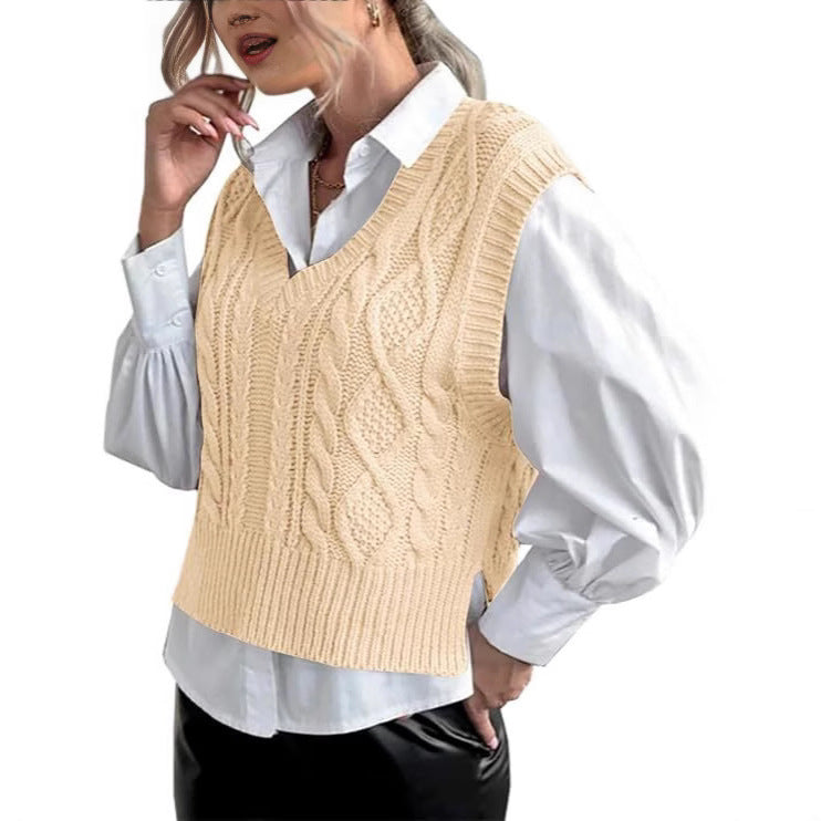 Damen Strickweste mit V-Ausschnitt und Zopfmuster EB