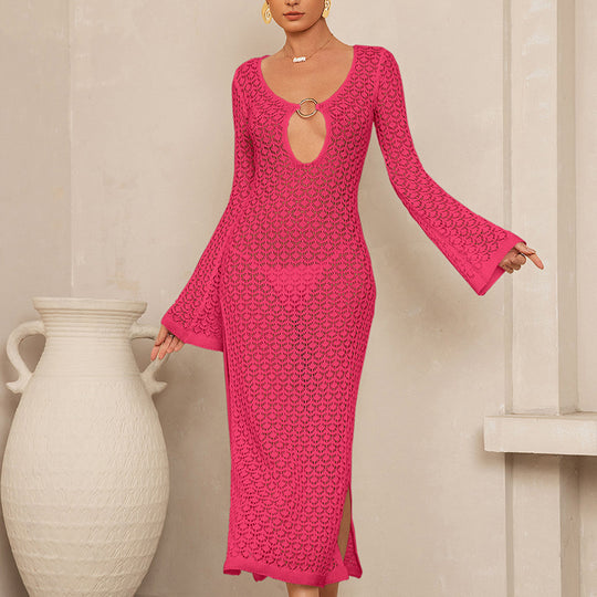 Damen Häkel-Maxikleid mit tiefem Ausschnitt und weit ausgestellten Ärmeln EB