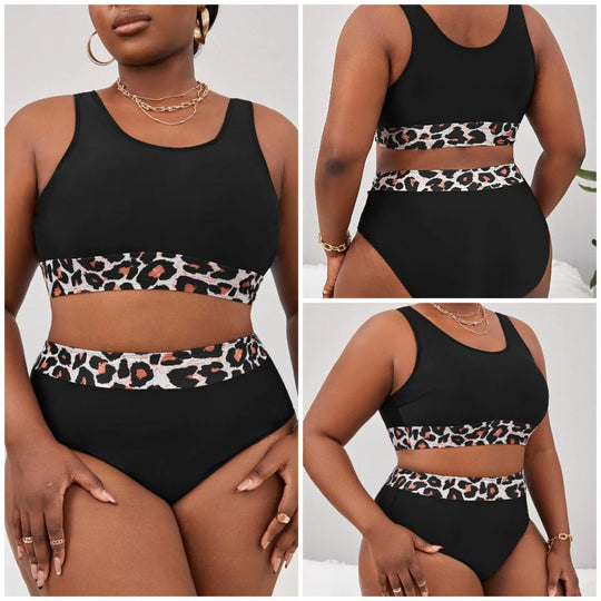 Damen Sportlicher Hochschnitt-Bikini mit Leopardenmuster EB