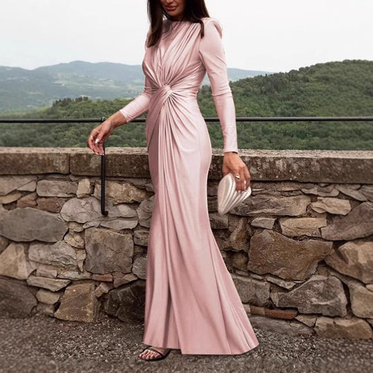 Damen Elegantes Longdress mit Raffung und hohem Kragen EB