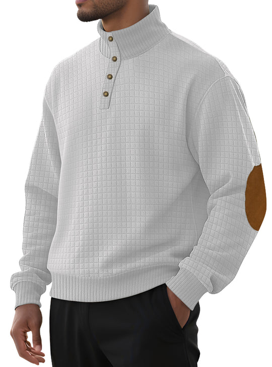 Herren nan kariertes Stepp-Sweatshirt mit Henley-Blende hohem Stehkragen und Velours-Ellenbogenpatch EB